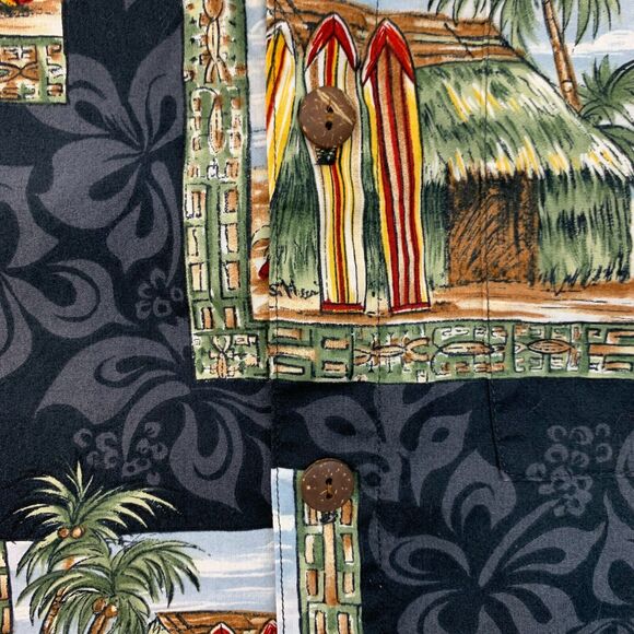 Vintage Hilo Hattie Hawaiian Shirt Mens S Small Black Button Up Surf Shack Hut - Picture 3 of 10